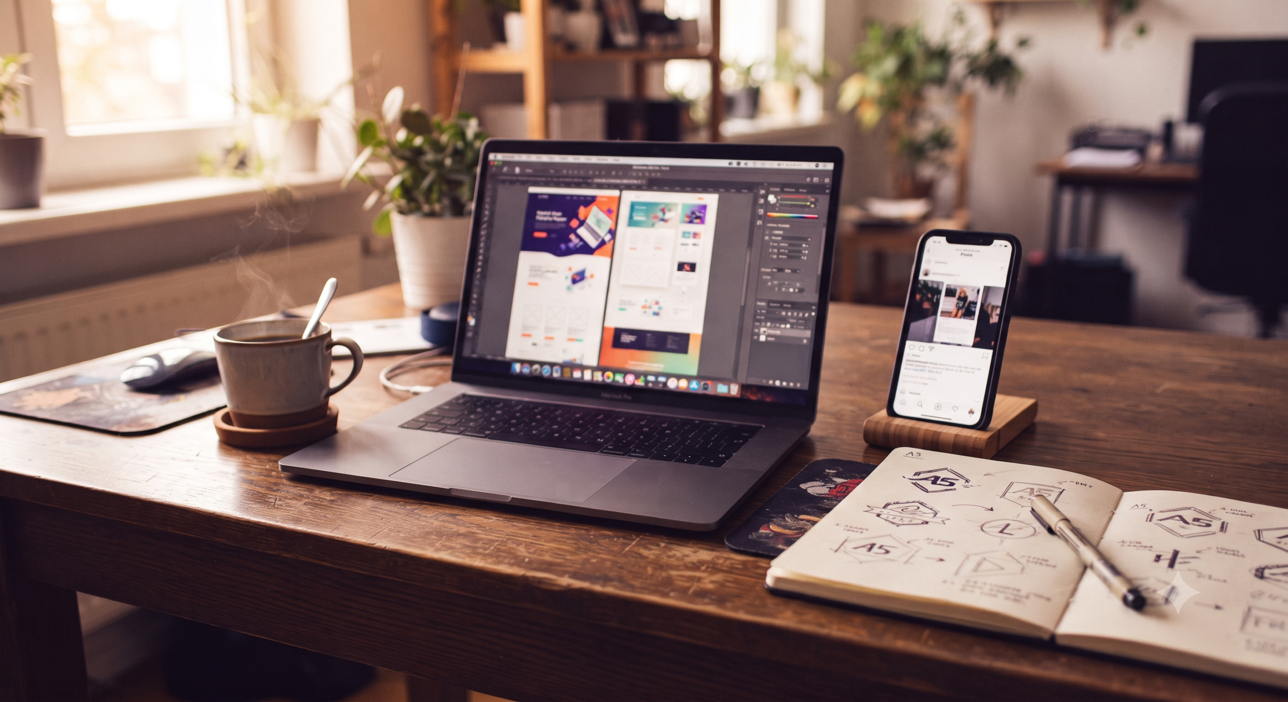 Workspace showing website design, social media, and logo sketches in progress together