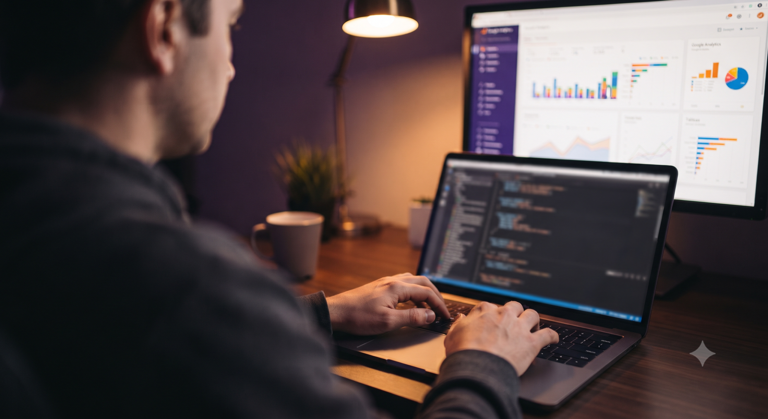 Hands-on work at a laptop with an analytics dashboard visible on a second screen