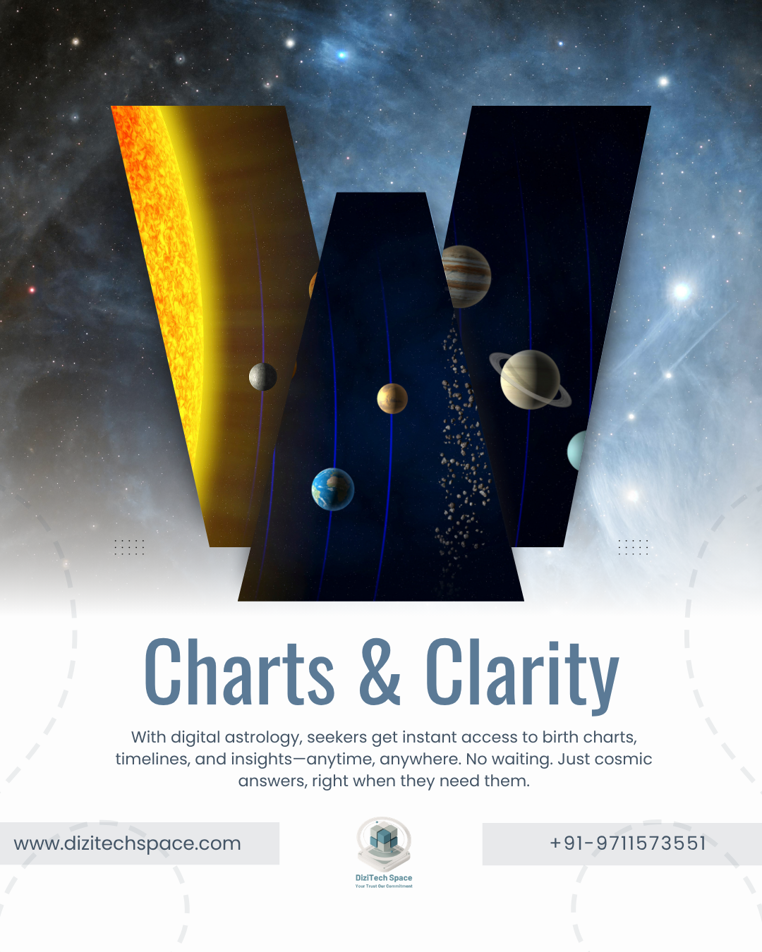 Instagram promotional post design for a digital astrology service featuring a cosmic planet illustration