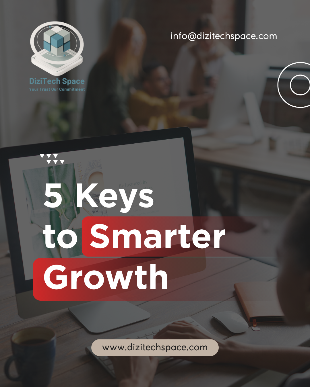 Instagram post design titled '5 Keys to Smarter Growth' with an office desk background, created by DiziTech Space