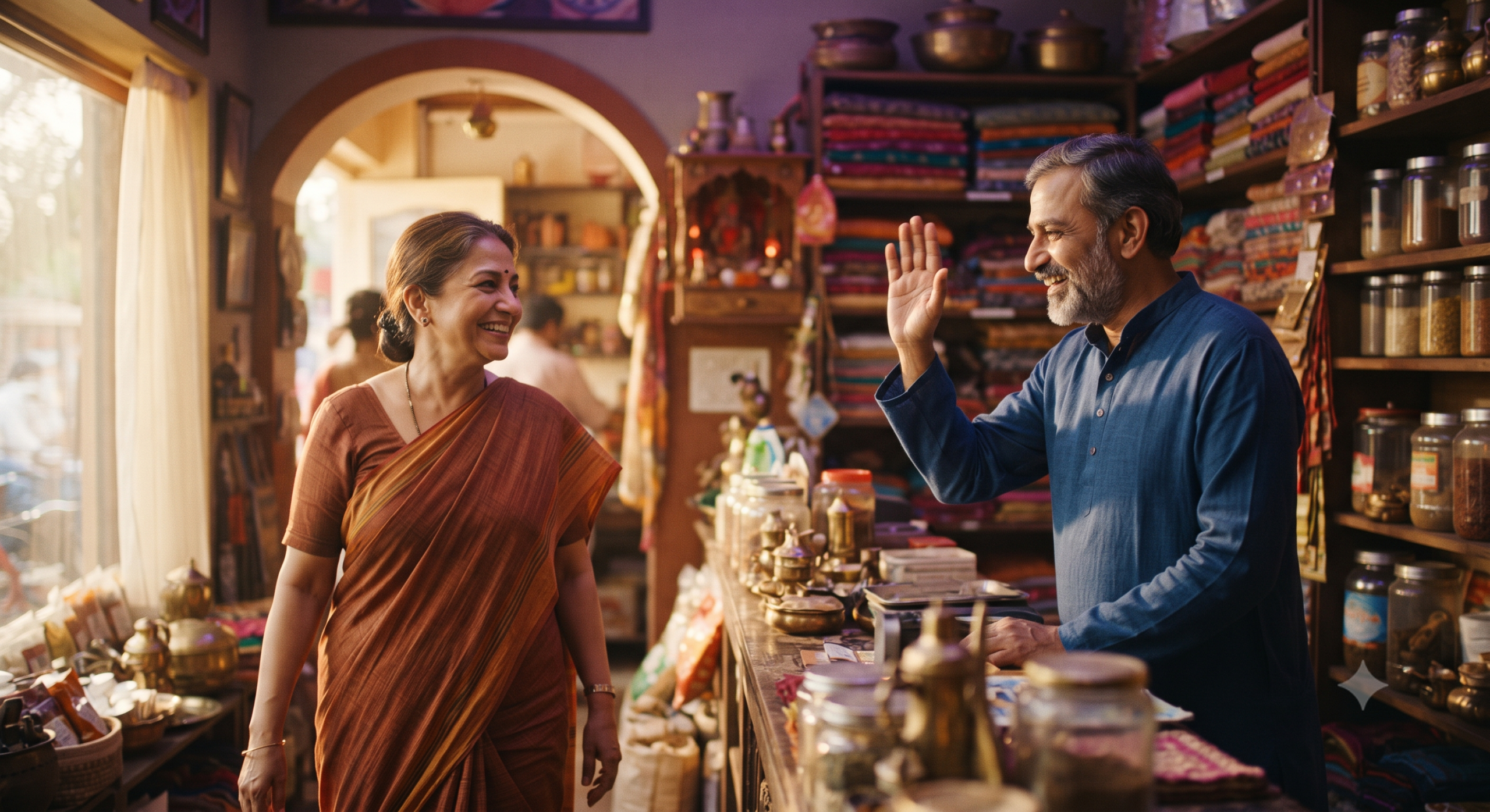 Shop owner greeting a returning customer, built through custom logo design