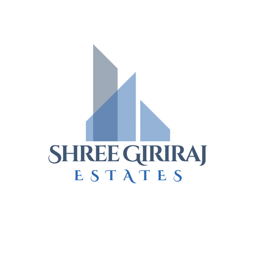 Shree Giriraj Estates logo design featuring a blue geometric building icon