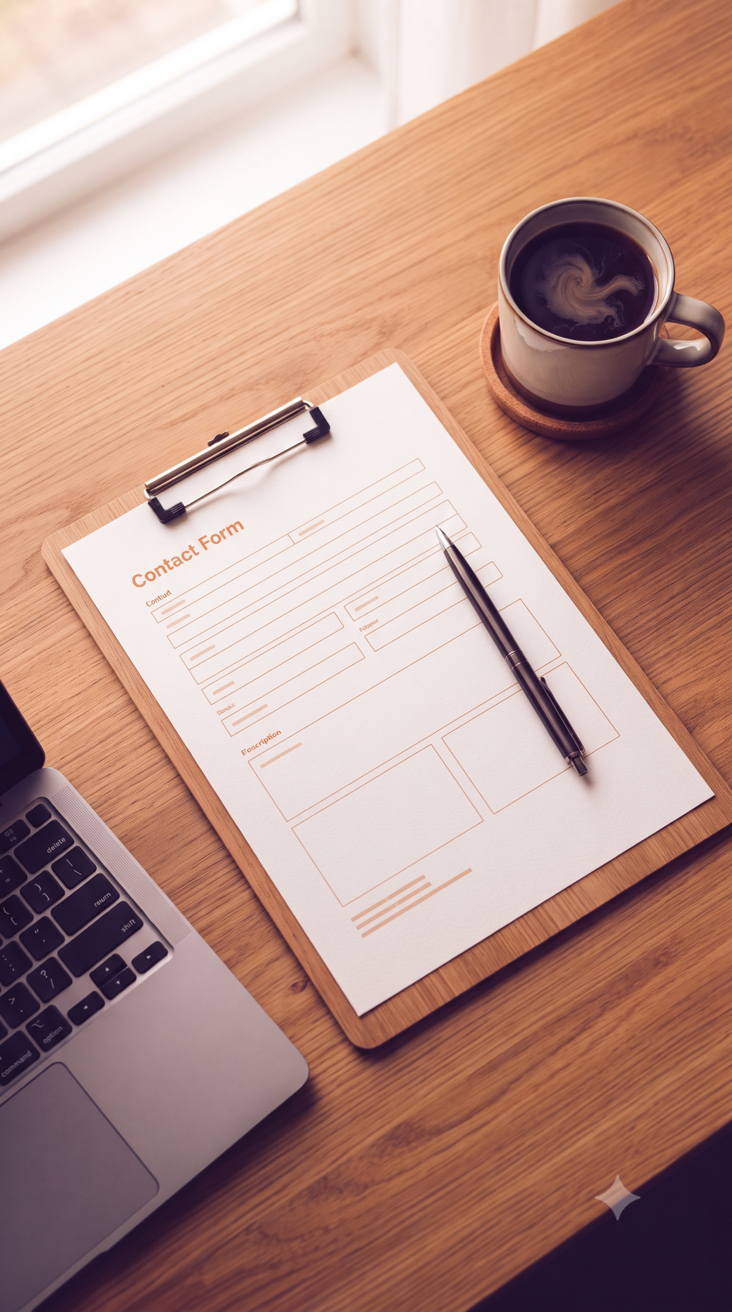 Flat-lay of a blank contact form, pen, and laptop keyboard on a desk