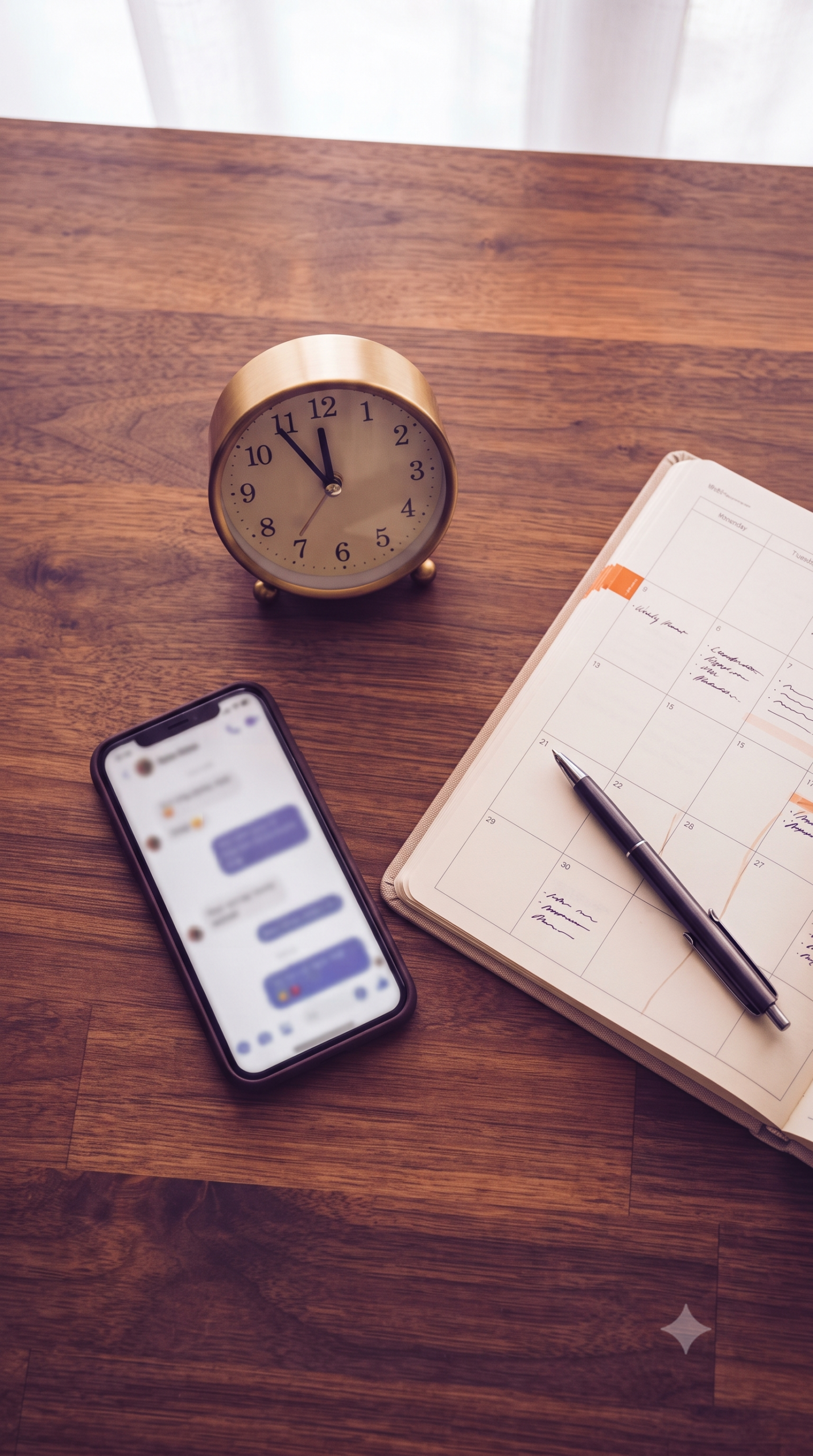Flat-lay of a desk clock, smartphone, and calendar representing business hours and contact options